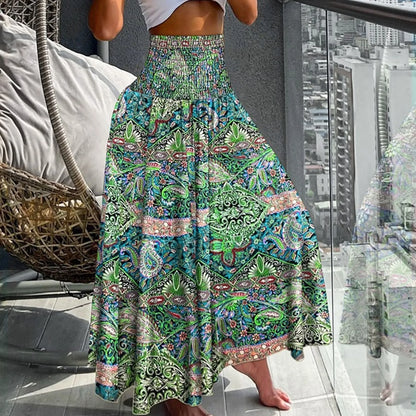 Women Vintage Floral Print Boho Skirt 2024 Summer Casual Loose Pleated Long Skirt Elegant Female High Elastic Waist Maxi Skirts