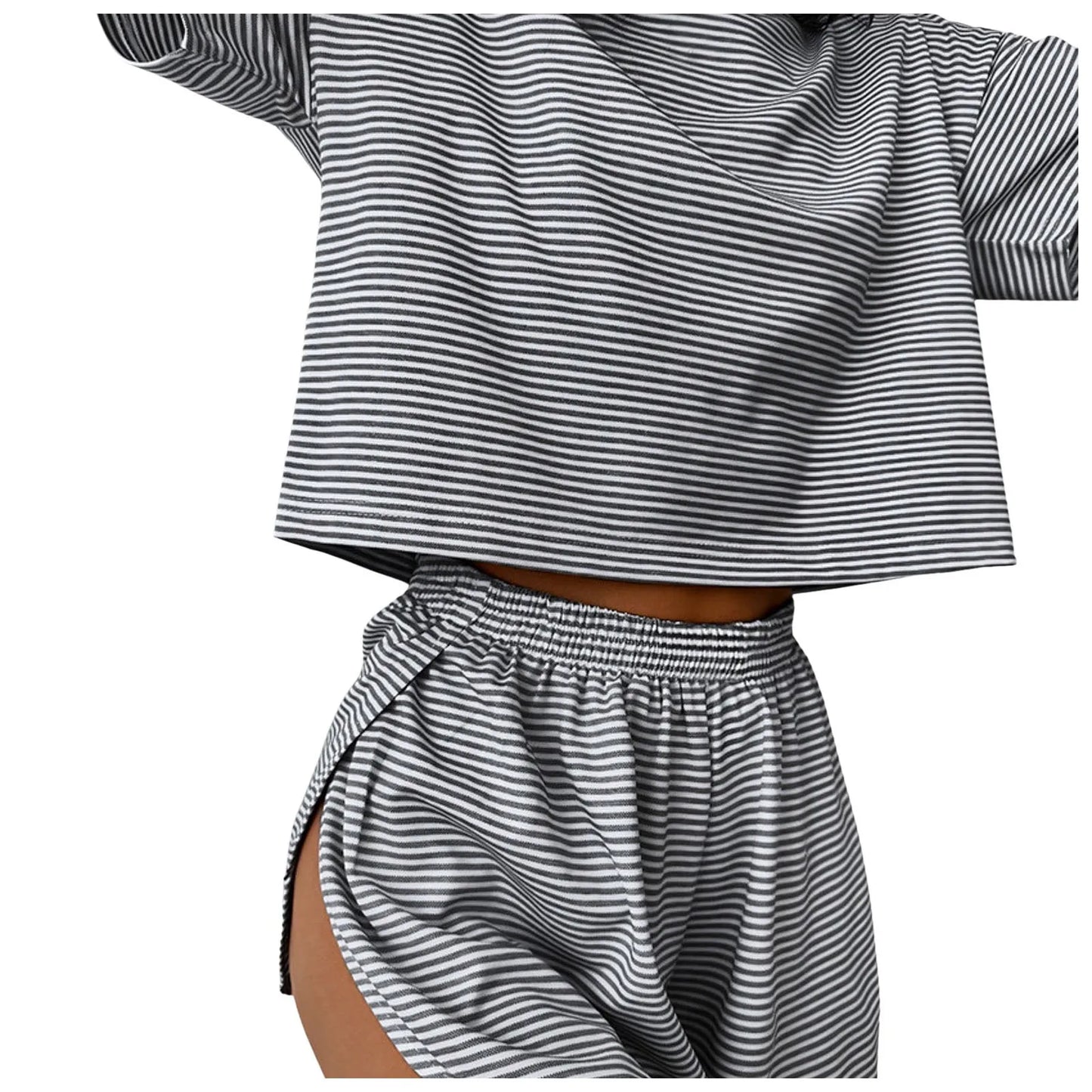 Women'S Stripe Pajamas Set Short Sleeve T-Shirt And Shorts Sleepwear 2 Piece Set For Women Home Casual Loose Round Neck Pajamas