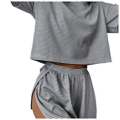 Women'S Stripe Pajamas Set Short Sleeve T-Shirt And Shorts Sleepwear 2 Piece Set For Women Home Casual Loose Round Neck Pajamas