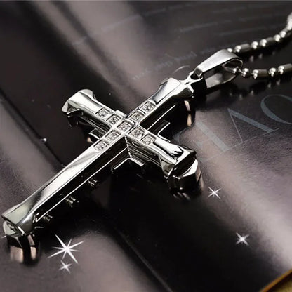 Men's Crystal Cross Pendant Necklace, Gold/Black/Blue Zirconia, Stainless Steel Jesus Cross Jewelry