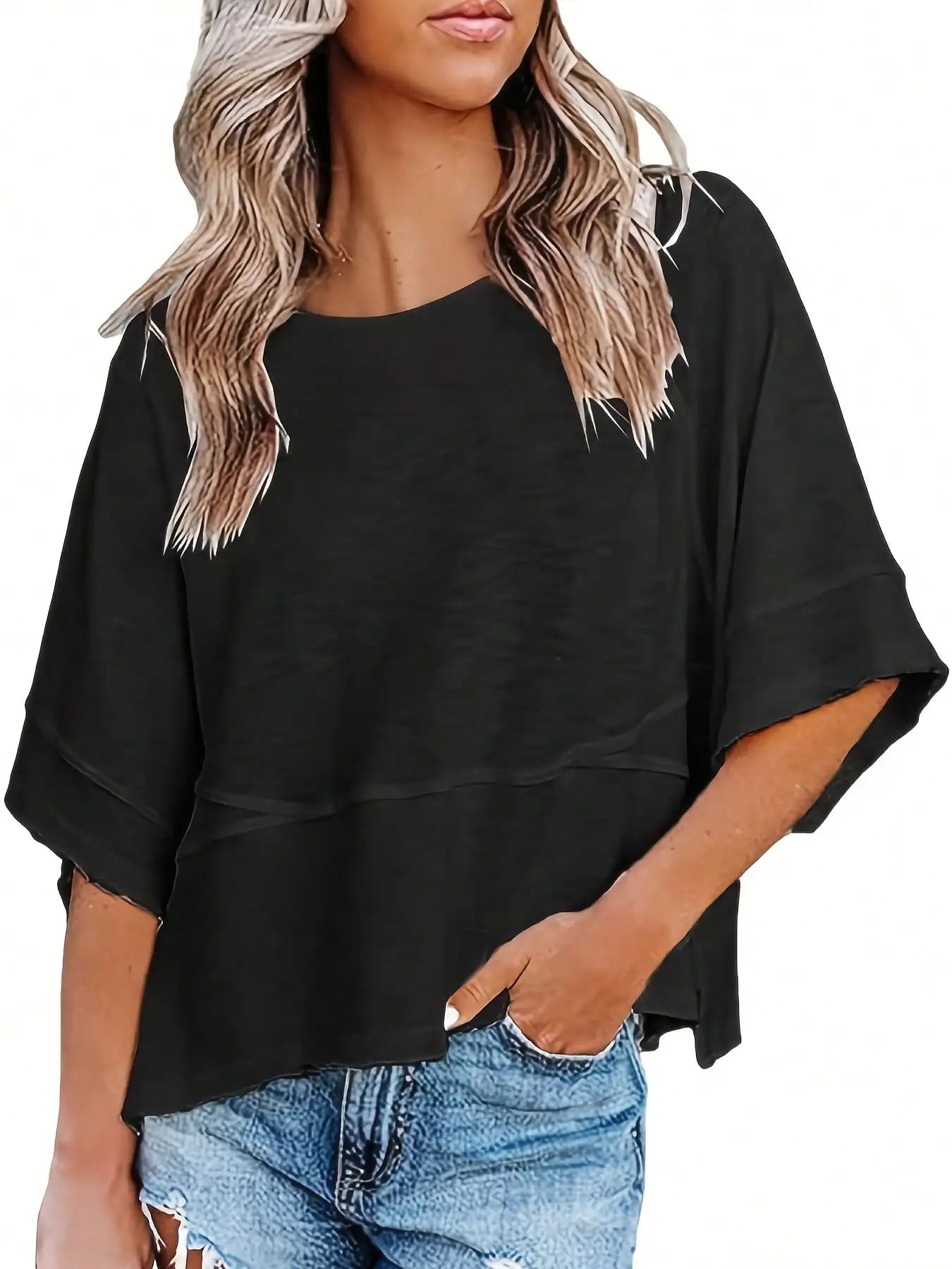 Women's Summer New Crewneck Batwing Half Sleeve Tops Solid Color Loose Fit Cute Flowy Tee Shirts Casual Dressy Cropped Blouse