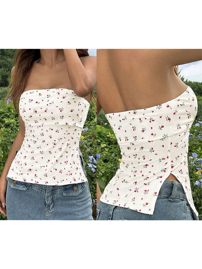 Women s Off Shoulder Ruffle Crop Tops Floral Print Strapless Tube Tops Sleeveless Bandeau Casual Shirts Summer Blouses