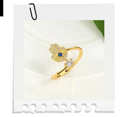 YILUOCD Hamsa Fatima's Hand Open Rings Turkish Blue Cubic Zircon Evil Eye Ring Protection Amulet Islamic Jewish Jewelry