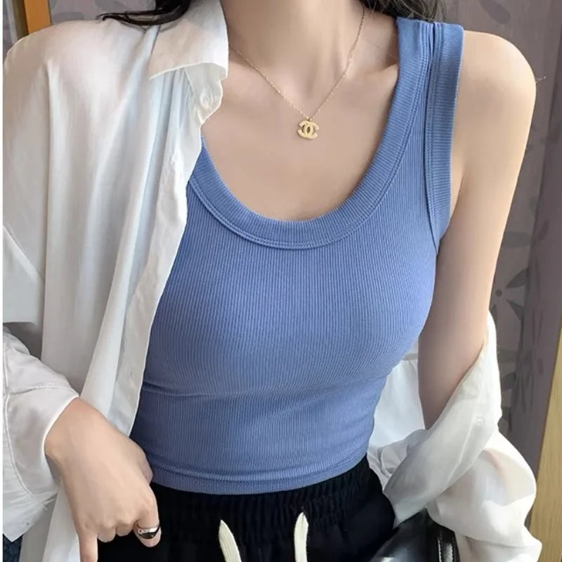 Women's Basic Ribbed Knitted Tank Top Solid Color Elastic Comfortable Sleeveless Camisole Summer Casual Green/Blue Soft Tees