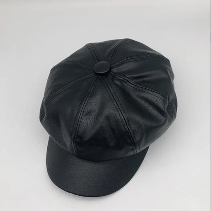 Vintage Style Wool Blend Newsboy Cap with Button Detail and PU Leather Visor for Women - Classic British Beret Hat