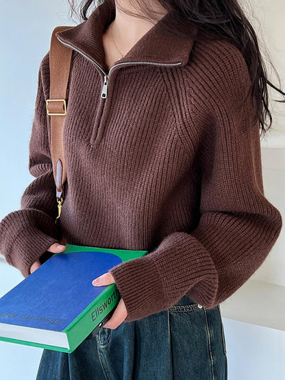 Quarter Zip Knit Sweater Cozy High Collar Long Sleeve Crop Jumper Pullover Women Teenage Girl Fall Winter