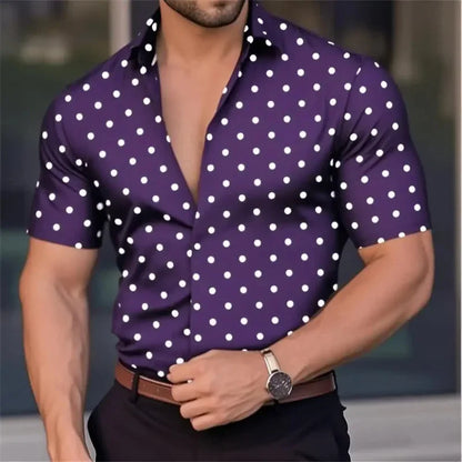New Men's Short Sleeve Button Shirt Polka Dot Lapel Fashion Design Casual Lightweight Breathable Comfortable Outdoor Men Clothes