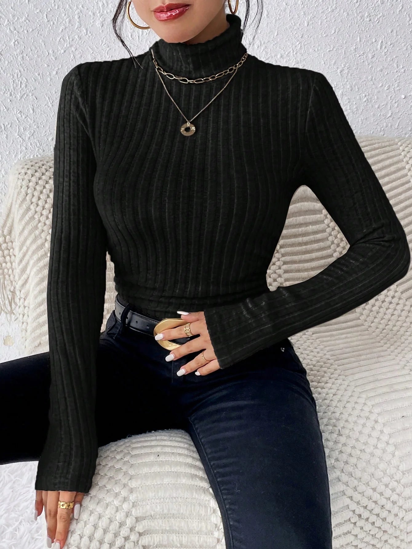 Autumn and winter high-neck solid color casual and elegant long-sleeved brushed pit knitted T-shirt top