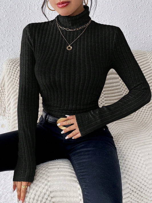 Autumn and winter high-neck solid color casual and elegant long-sleeved brushed pit knitted T-shirt top