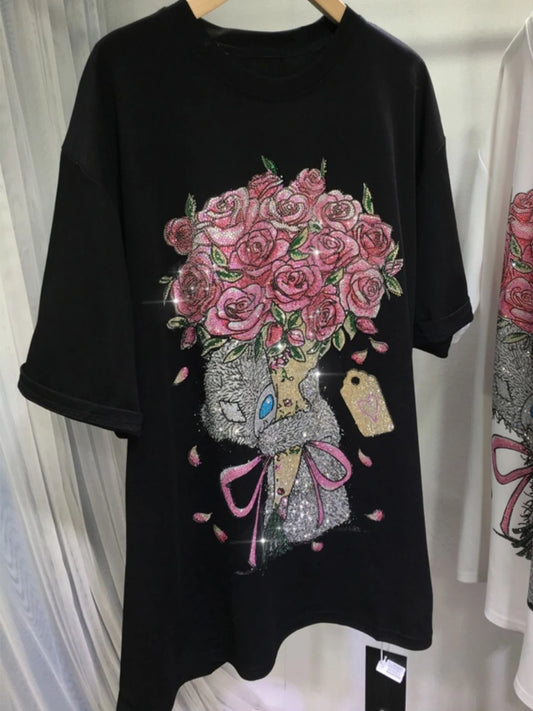 Plus Size Tops For Women Flower Graphic Tees Short Sleeve Rhinestone T Shirts Casual Summer Oversized