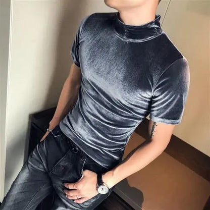 Fashion Men's Autumn Winter Luxury Clothing Heat Keep Warm Casual T-Shirt Mock Neck Tops Stripe Long Sleeve Gold Velvet T-Shirts