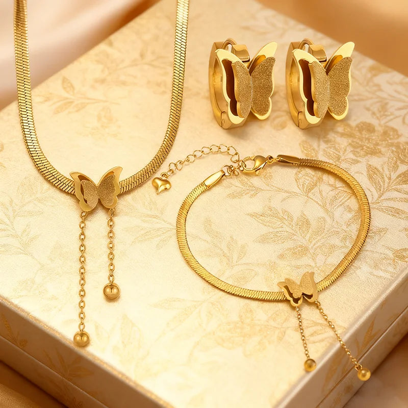 Stainless Steel Butterfly Bracelet Necklace Earrings Trend Design Advanced Sense  Ladies Wedding Jewelry Set