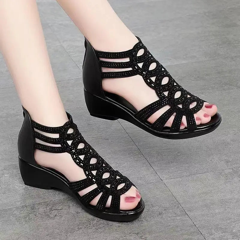 Real Soft Leather Roman Sandals Women's Chunky Heel Mom Shoes Fashion Outerwear Women's Sandals Wedge Women's Shoes 2023