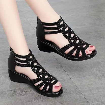 Real Soft Leather Roman Sandals Women's Chunky Heel Mom Shoes Fashion Outerwear Women's Sandals Wedge Women's Shoes 2023
