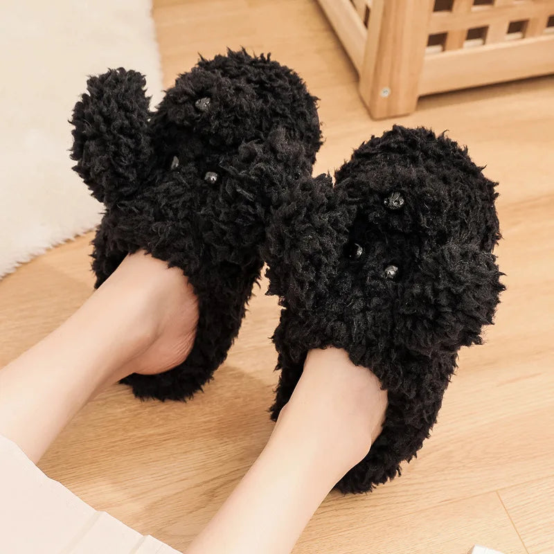 Gacimy Winter Warm Cotton Slippers For Women Comfortable Cute Dog Furry Shoes Couple Indoor Soft Platform Bedroom Plush Slippers