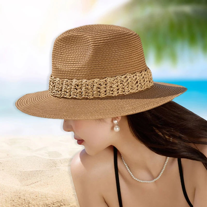 Women Wide Brim Sun Hat with Bowknot Ribbon Summer Beach Straw Hat Foldable Floppy Fedora Hat for Vacation Travel Party Clothes