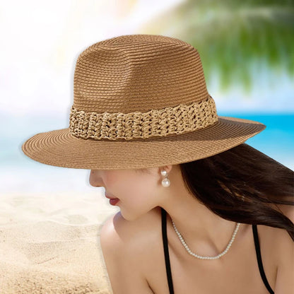 Women Wide Brim Sun Hat with Bowknot Ribbon Summer Beach Straw Hat Foldable Floppy Fedora Hat for Vacation Travel Party Clothes