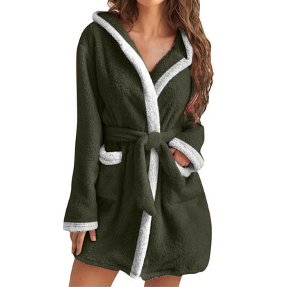 Women Coral Fleece Bathrobe Autumn And Winter Home Warm Sleepwear Casual Solid Color Matching Shower Robes Hooded Kimono Robe