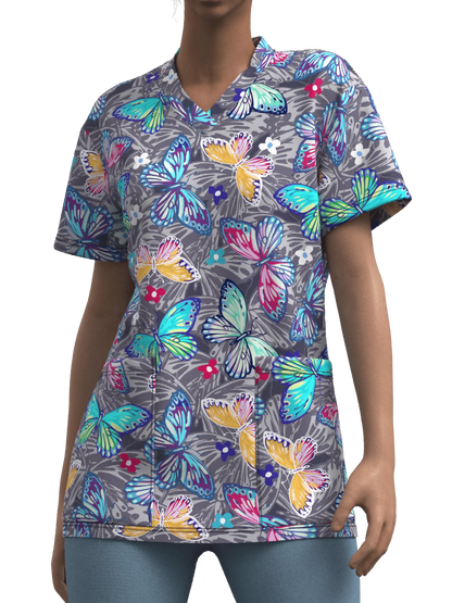 Nurse Uniform Woman Heart Bow Print Casual V Neck Health Care Medico Tops Micro-Elastic Short-SleeveClinical Uniform Clothing