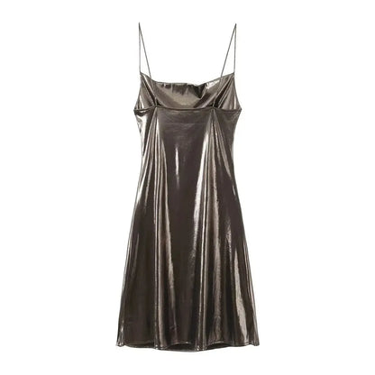 Summer Women Shinning Metallic Color Sling Mini Dress Female Chic Pleat Design Casual Slim Party Vestidos DS5000