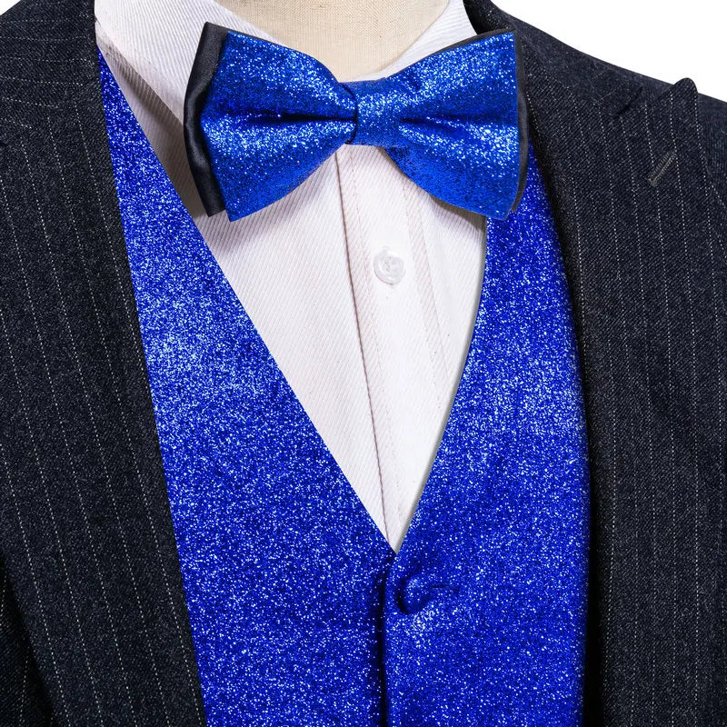 Mens Vest Gold Silver Black Red Pink Blue Green Yellow Solid Solid V-Neck Waistcoat Bowtie Set Barry Wang