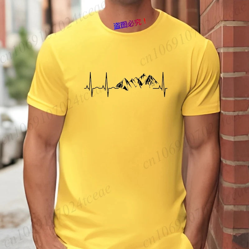 Mountain Heartbeat T-shirt for Men Climbing Hiking Graphic Y2k Tops Casual Streetwear Short Sleeve Tees Men's Oversized Clothing