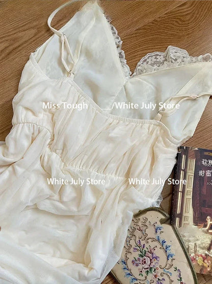 French Sweet Vintage Dress Suits Women Autumn Lace Sexy Casual 2 Piece Sets Office Lady Outifts Chiffon Elegant Strap Dresses