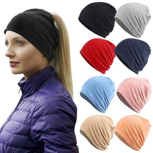 Winter Warmer Ponytail Skull Cap Windproof Thermal Fleece Beanie Hat Running Ski Outdoor Sports Cap with Ear Cover for Men Women