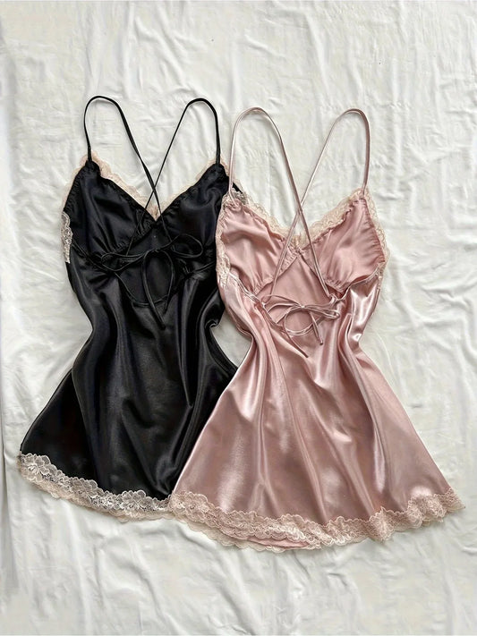 2Pcs Women's Satin Sleepwear Set Black & Blush, Ruched V-Neck Strapless Nightgown Lingerie Dress, All-Season Nightwear
