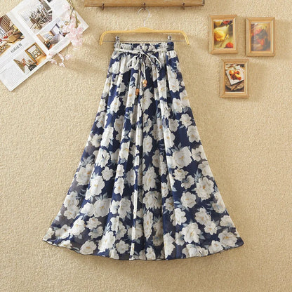 Elegant Chiffon Long Skirts For Women Autumn Casual Women's Floral Print Maxi Skirt Female High Waist Elastic A-Line Skirts