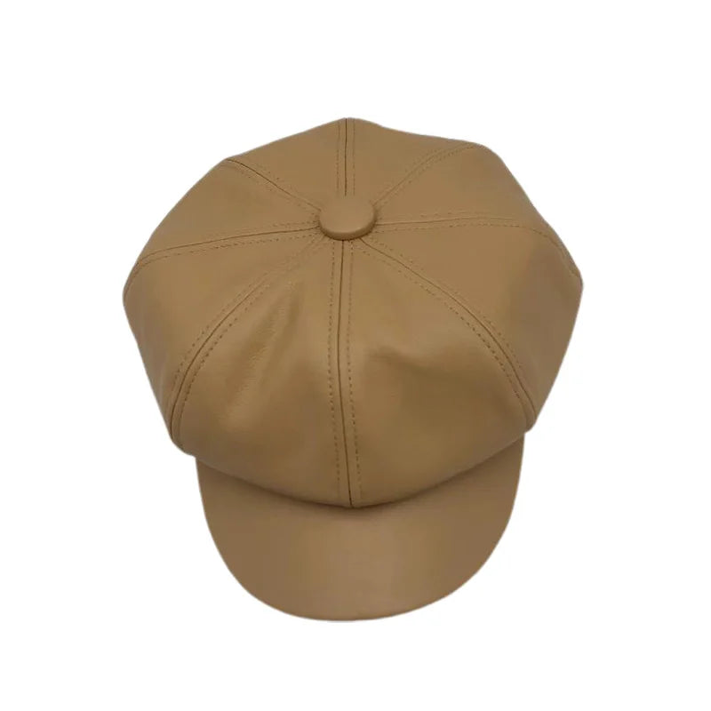 Vintage Style Wool Blend Newsboy Cap with Button Detail and PU Leather Visor for Women - Classic British Beret Hat