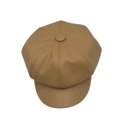 Vintage Style Wool Blend Newsboy Cap with Button Detail and PU Leather Visor for Women - Classic British Beret Hat