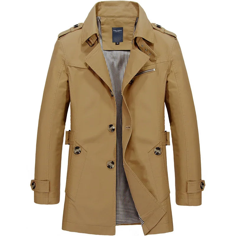 Men's Spring and Autumn New Fashion Casual Cotton Trench Coat, Solid Color Lapel Single-breasted Mid-long Splicing Trench Coat