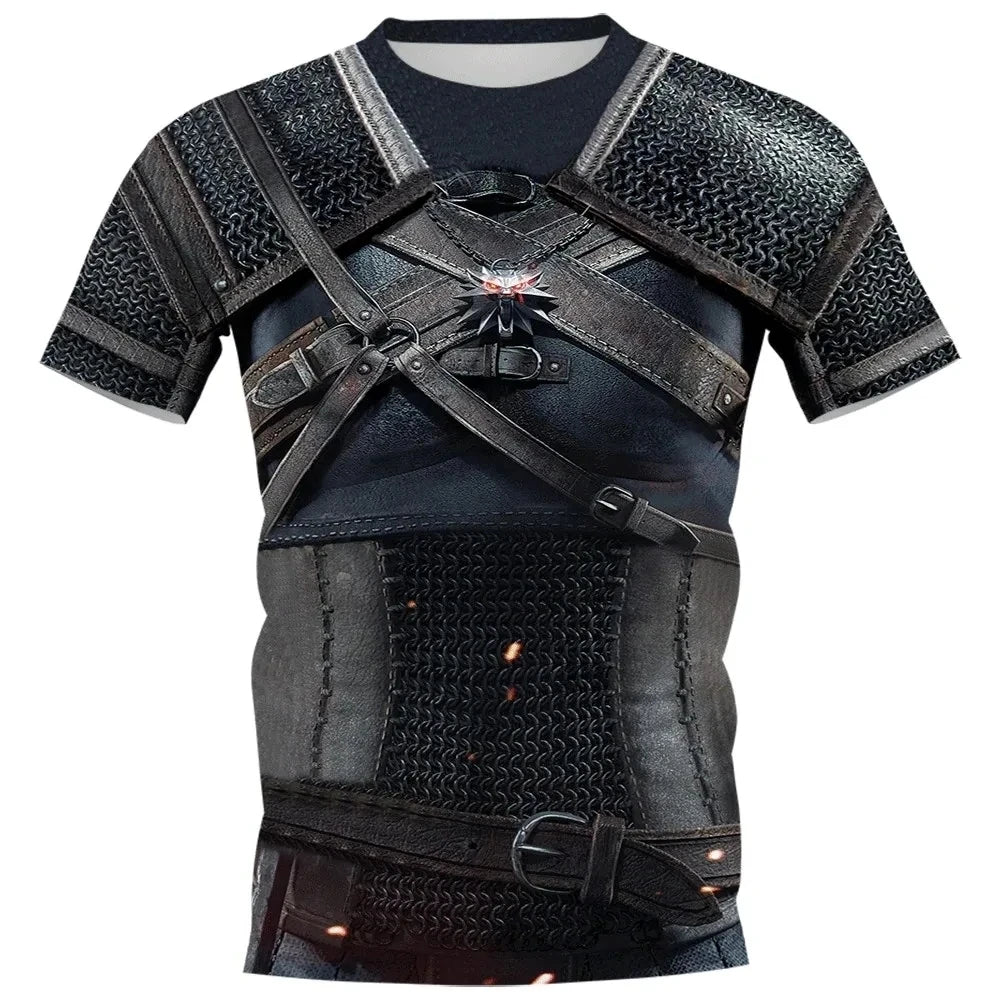 Fun Cosplay 3D Printed Armor Jacket For Men Personality Street Hip Hop Crew Neck Short Sleeve Avant-garde Cowboy Warrior T-shirt