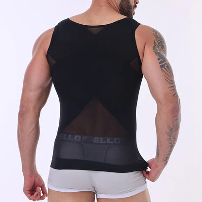 Men's Cross Mesh Vest Compression Shirts Breathable Sleeveless Tank Top Shapewear Fajas Slimming Tummy Control Body Shaper