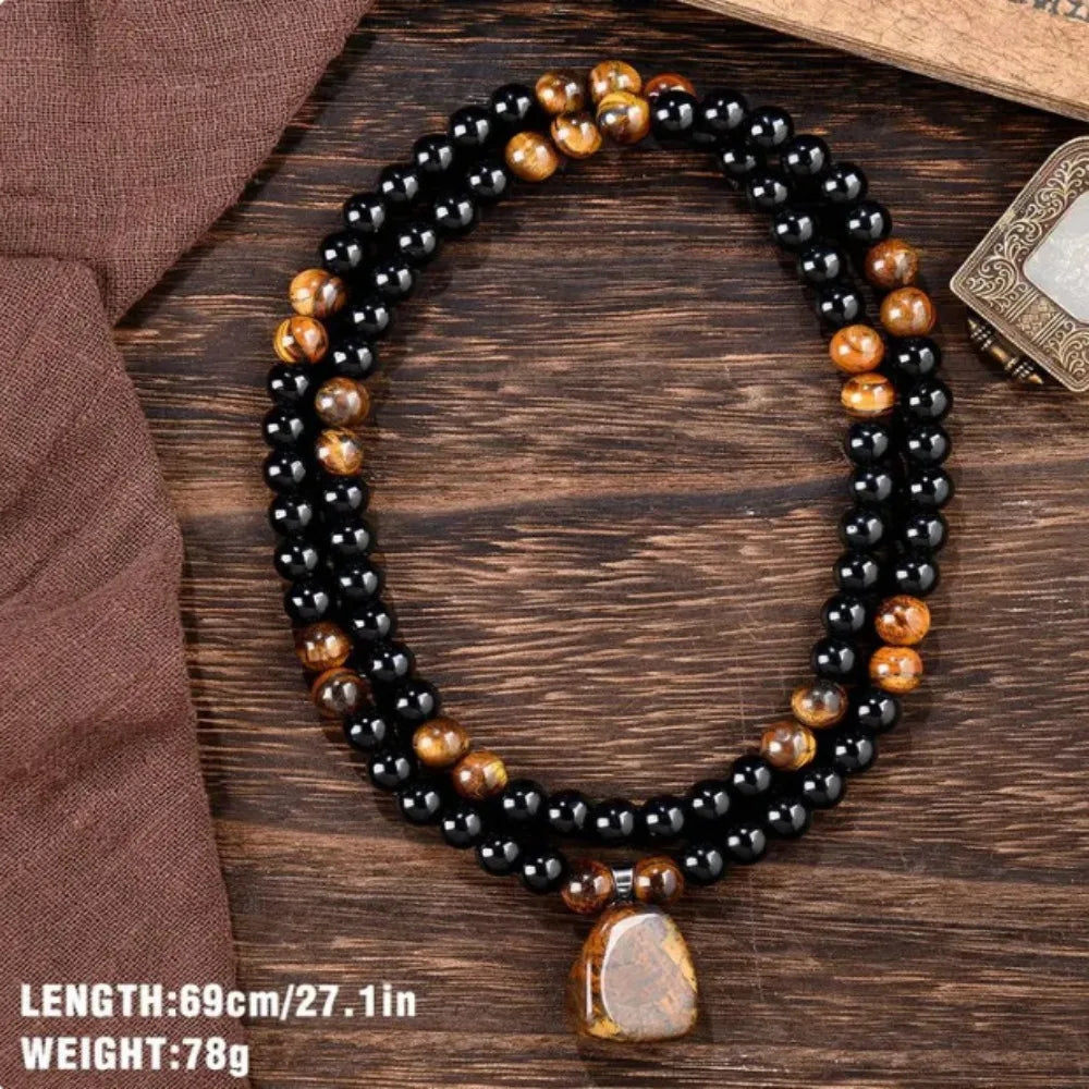 Tiger Eye Long Chain Necklace Bring Good Luck Green Aventurine Beaded Necklace Protection Beaded Long Chain Pendant Necklace