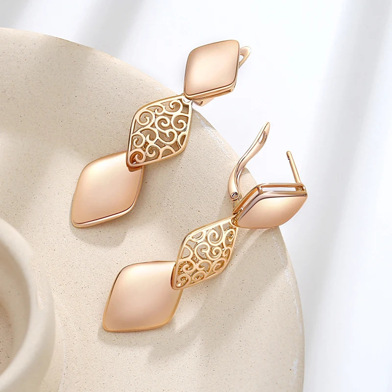 Glossy Long Dangle Earrings For Women SYOUJYO 585 Rose Gold Color English Buttons Luxury Bride Wedding Fine Jewelry Gift