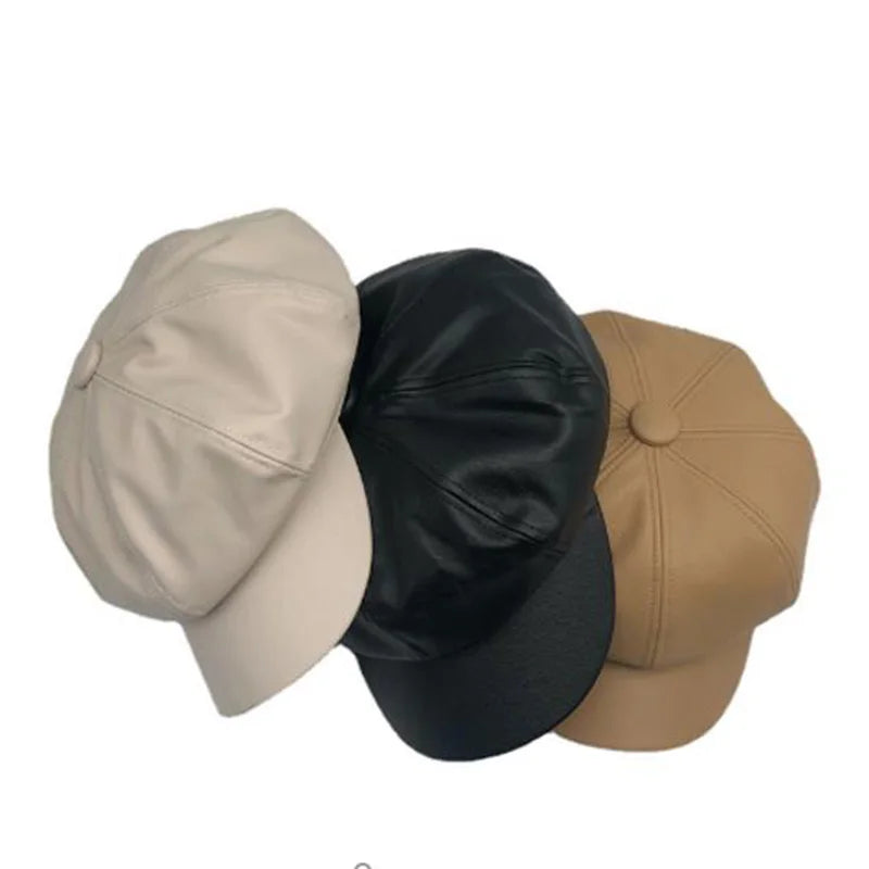 Vintage Style Wool Blend Newsboy Cap with Button Detail and PU Leather Visor for Women - Classic British Beret Hat