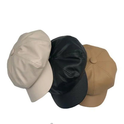 Vintage Style Wool Blend Newsboy Cap with Button Detail and PU Leather Visor for Women - Classic British Beret Hat