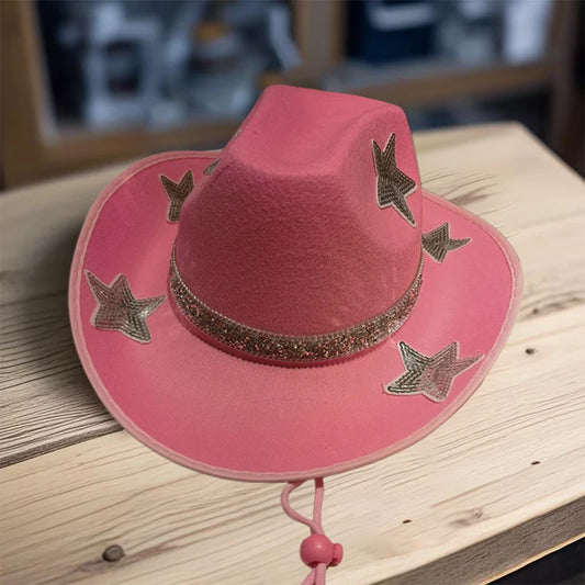 Women Glitter Cowboy Hat with Sequin Stars and Wide Brim Stylish Western Beach Hat for Wedding Carnival Rave Party and