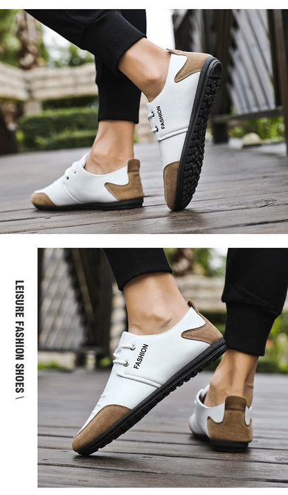 Flat Men Shoes Leisure Leather Shoes for Men White Footwear 2025 Summer Trend Breathable Soft Casual Sneakers British Peas Shoes