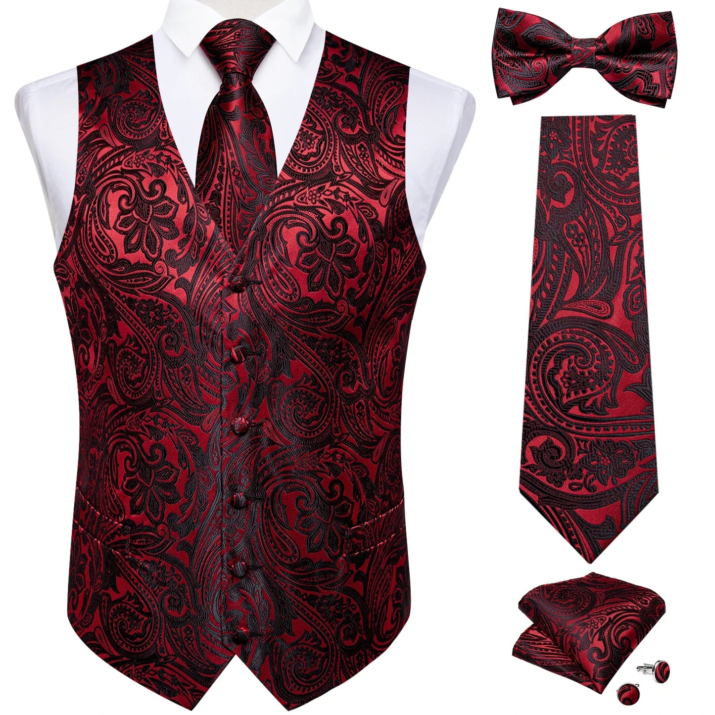 Men's Black Solid Paisley Suit Vest with Necktie Bow Tie Handkerchief Cufflinks Formal Waistcoat for Wedding Prom Tuxedo