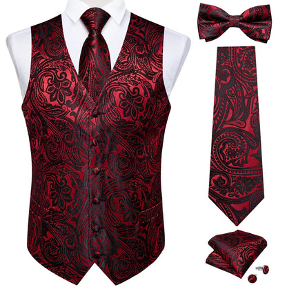 Men's Black Solid Paisley Suit Vest with Necktie Bow Tie Handkerchief Cufflinks Formal Waistcoat for Wedding Prom Tuxedo