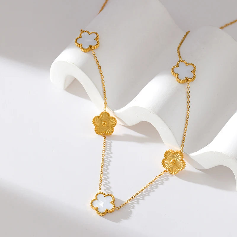 Stainless Steel White Plum Blossom Plant Leaf Flower Set Reversible Necklace Earrings Bracelet Women Clover Jewelry