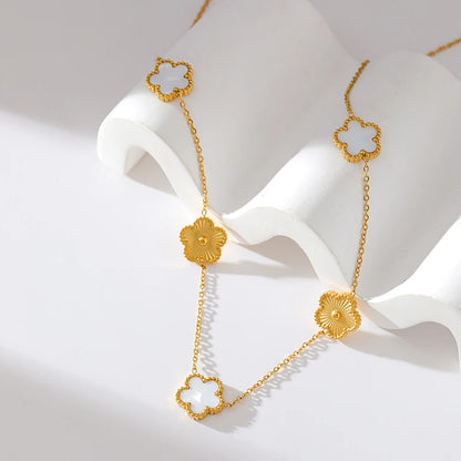 Stainless Steel White Plum Blossom Plant Leaf Flower Set Reversible Necklace Earrings Bracelet Women Clover Jewelry