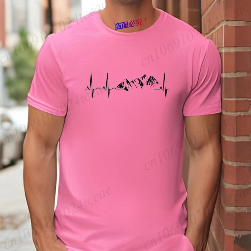 Mountain Heartbeat T-shirt for Men Climbing Hiking Graphic Y2k Tops Casual Streetwear Short Sleeve Tees Men's Oversized Clothing