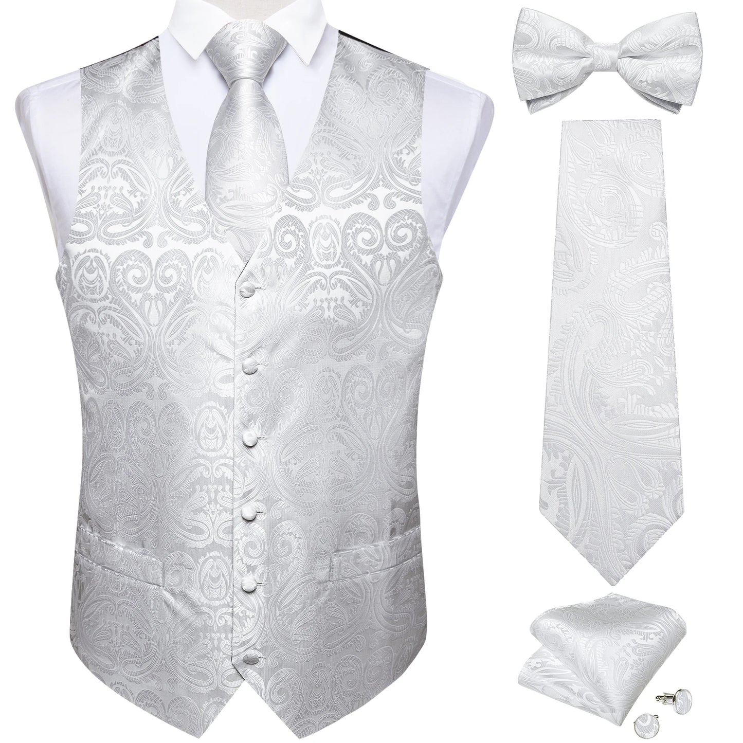 Men's Black Solid Paisley Suit Vest with Necktie Bow Tie Handkerchief Cufflinks Formal Waistcoat for Wedding Prom Tuxedo