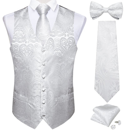 Men's Black Solid Paisley Suit Vest with Necktie Bow Tie Handkerchief Cufflinks Formal Waistcoat for Wedding Prom Tuxedo