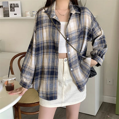 Women Tartan Shirt Long Sleeve Collared Button Up Oversized Plaid Shirt Jacket Grunge Fashion Teenage Girl Spring Summer Outfit
