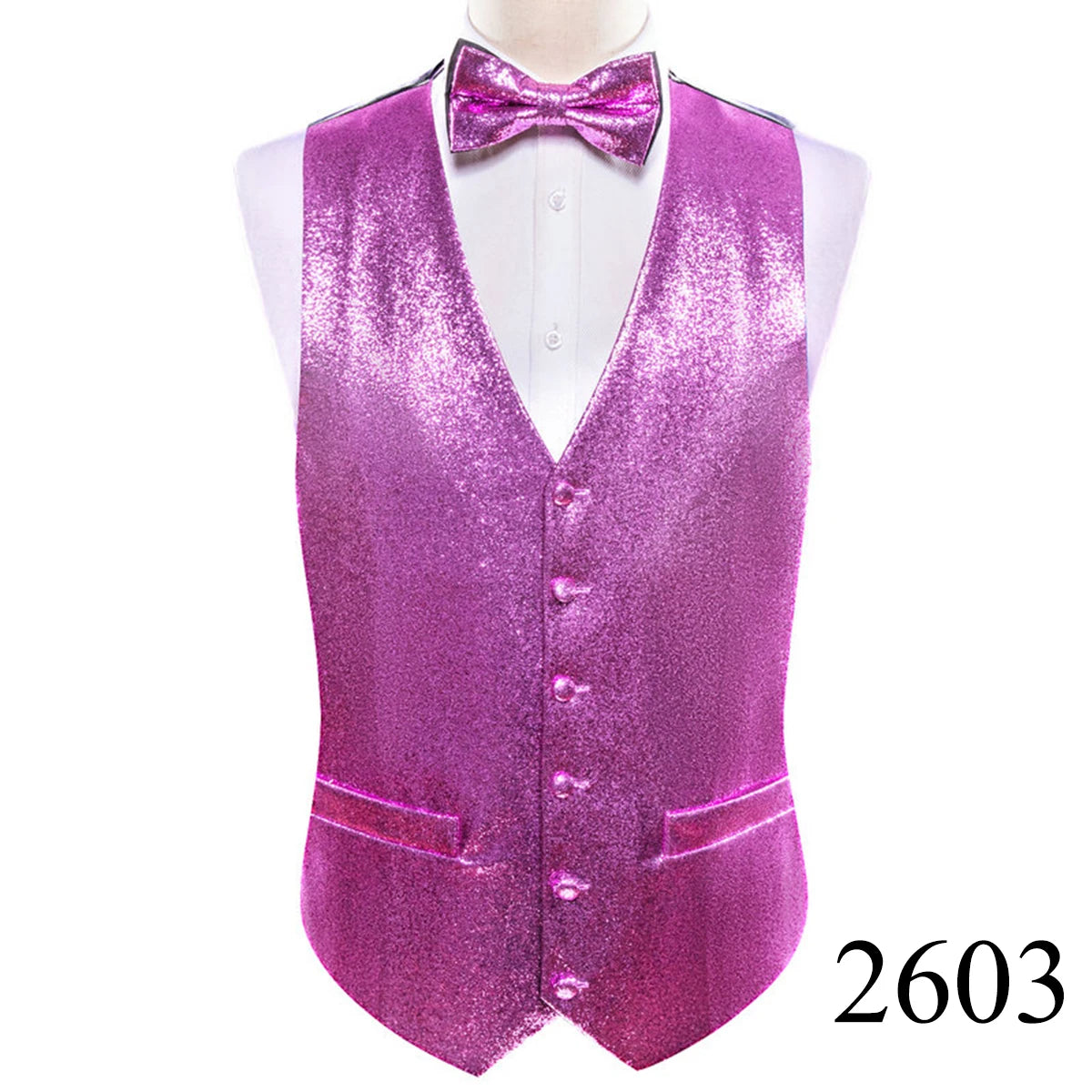Mens Vest Gold Silver Black Red Pink Blue Green Yellow Solid Solid V-Neck Waistcoat Bowtie Set Barry Wang